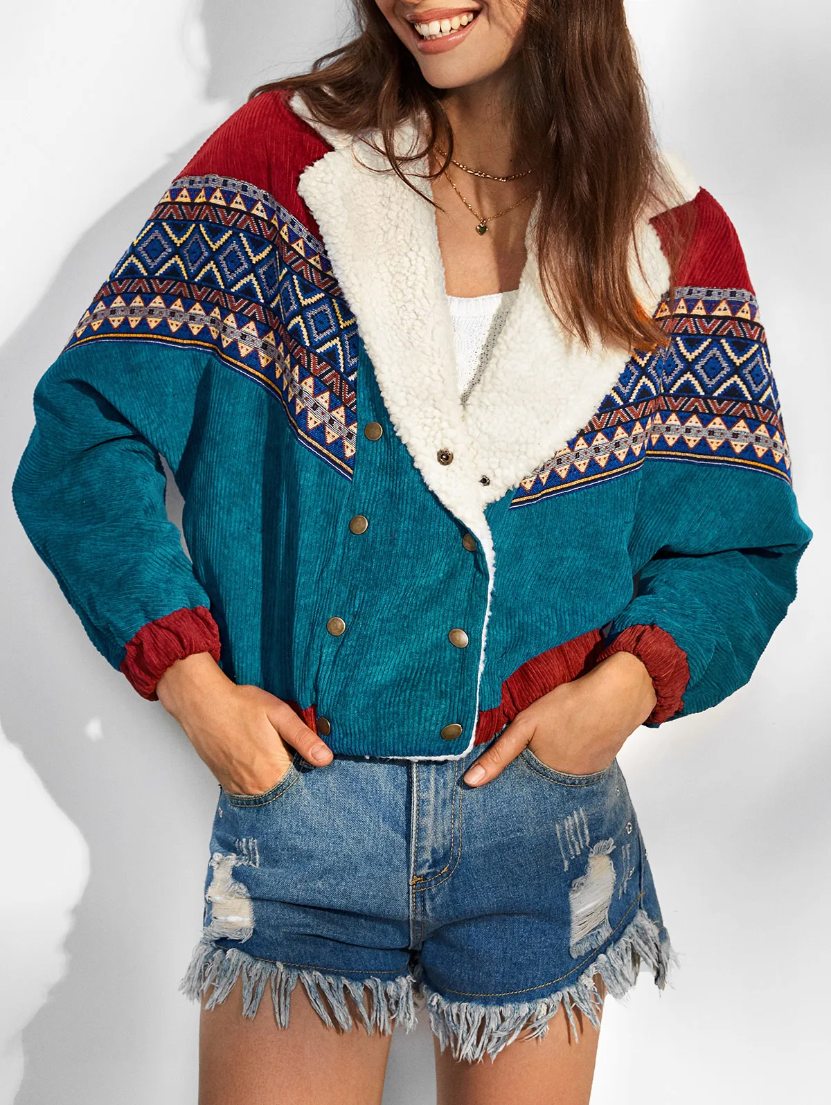 

ZAFUL Double Breasted Tribal Print Faux Shearling Collar Corduroy Jacket Ethnic Aztec Printed Coat Spring Autumn Clothes Women