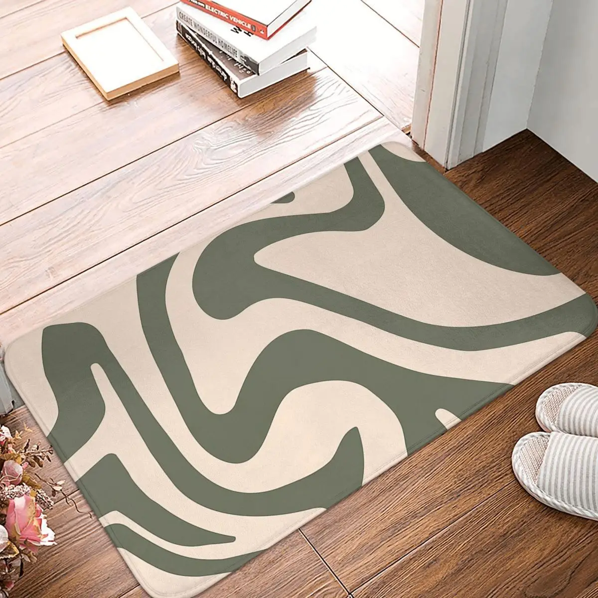 

Swirl Pattern Non-slip Doormat Green Beige Abstract Bath Bedroom Mat Welcome Carpet Flannel Pattern Decor