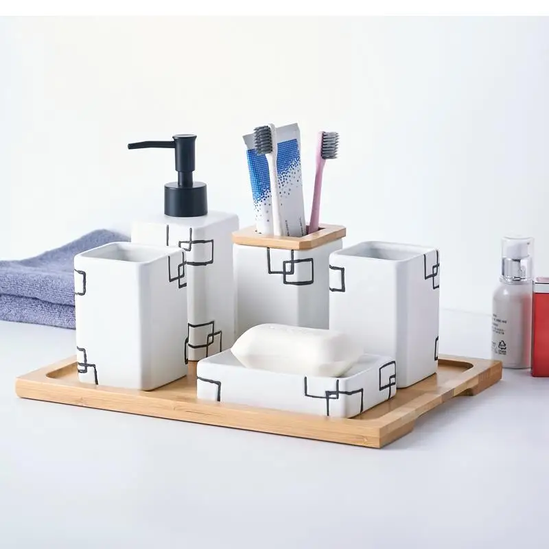 Light Luxury Bathroom Toiletry Set Ceramics Soap Dish Toothbrush Holder Mouth Cup Liquid Soap Dispenser Five Piece Set Wash Set
Light Luxury Bathroom Toiletry Set Ceramics Soap Dish Toothbrush Holder Mouth Cup Liquid Soap Dispenser Five Piece Set Wash Set