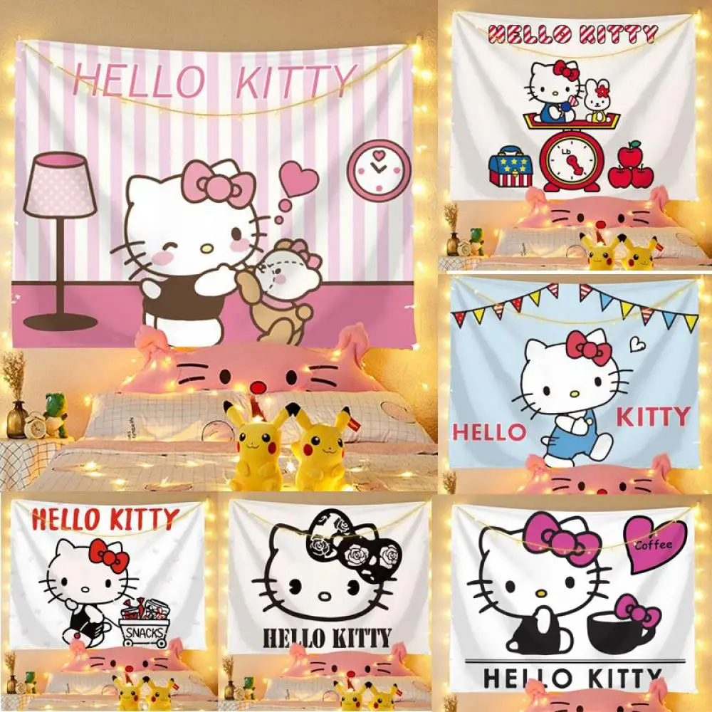 

Valance Kawaii Sanrio Hello Kitty Kt Anime Figure with Lights Background Tablecloth Decorate Dormitory Bedside Photograph Cute