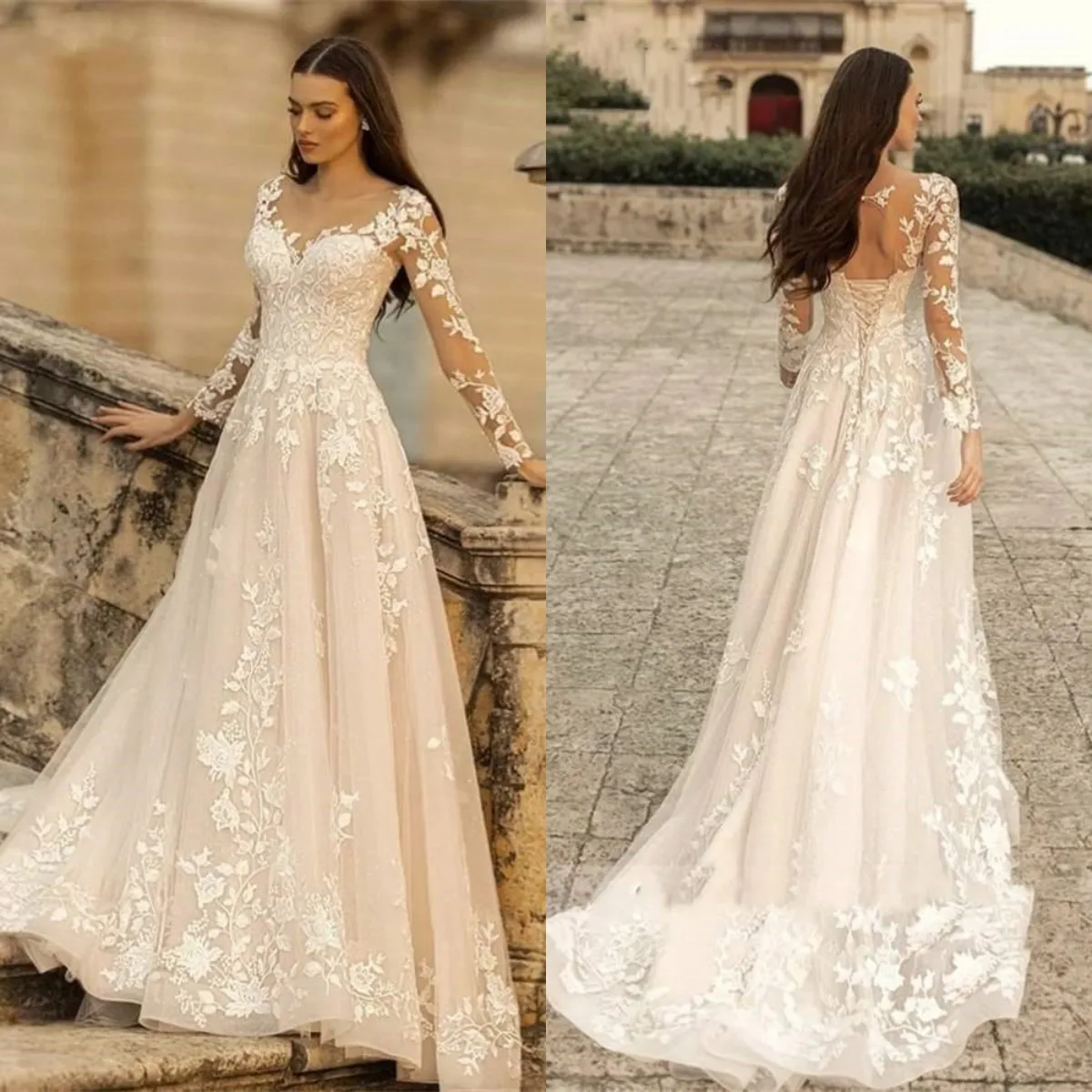 Elegant O-Neck Wedding Dress Lace Up A-Line Appliques Long Sleeves Wedding Gown Beach Bride Gowns robe de mariée bohème
Elegant O-Neck Wedding Dress Lace Up A-Line Appliques Long Sleeves Wedding Gown Beach Bride Gowns robe de mariée bohème