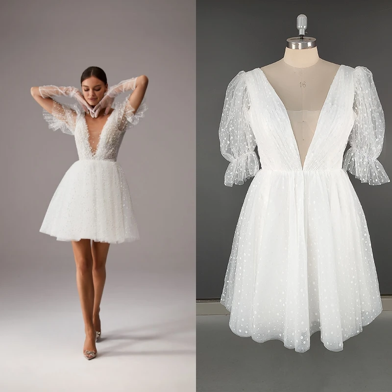 8850# Simple Illusion Puff Sleeve Open Back Above Knee Length Short Wedding Dress Sequined Bridal Gown V-neck Evening Dress
8850# Simple Illusion Puff Sleeve Open Back Above Knee Length Short Wedding Dress Sequined Bridal Gown V-neck Evening Dress