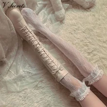 Sexy Japanese Style Stockings Lolita Bowknot Fishnet Knee Socks Anti-Snagging Women Hollow Lace Stocking Fish Net Pantyhose
