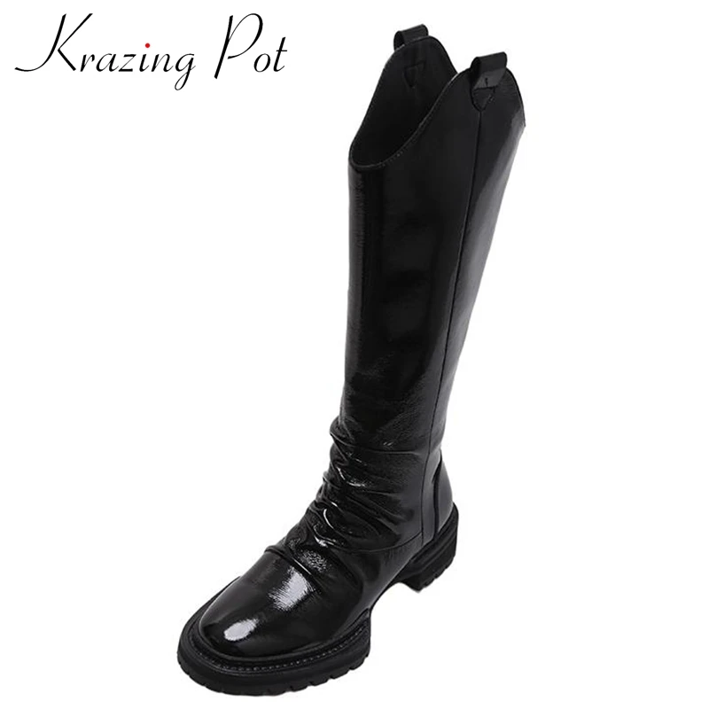 Krazing Pot Cow Leather Round Toe Riding Boots Ins Med Heels Pleated Winter Shoes Sexy Rock Chic Style Zip Thigh High Boots
Krazing Pot Cow Leather Round Toe Riding Boots Ins Med Heels Pleated Winter Shoes Sexy Rock Chic Style Zip Thigh High Boots