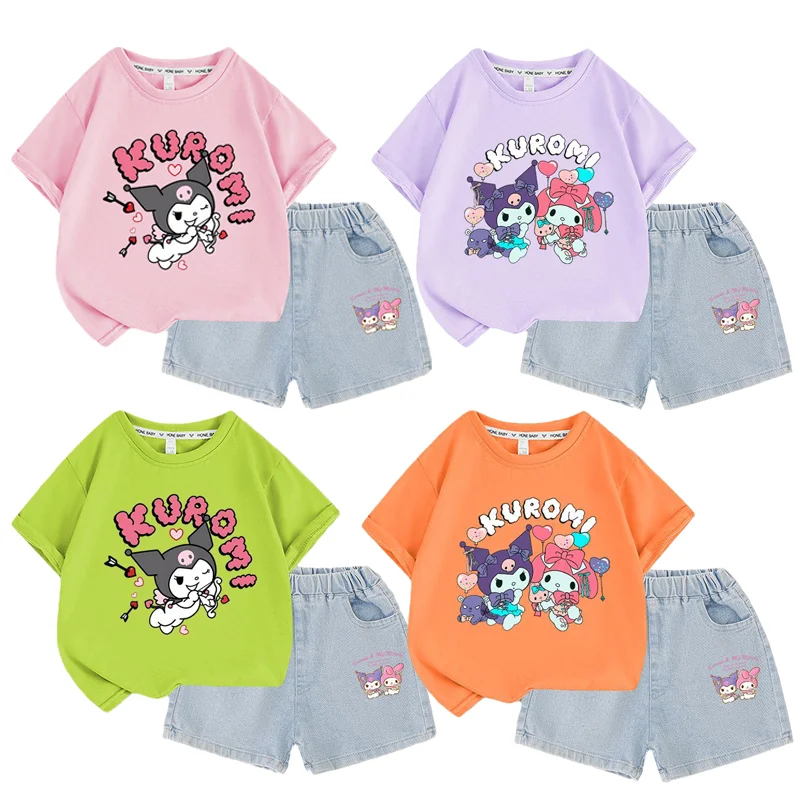 

Anime Girl T-shirt Shorts Sanrios Kuromi My Melody Cartoon Children Summer Printed Short Sleeve Denim Shorts Two-Piece Set Kids