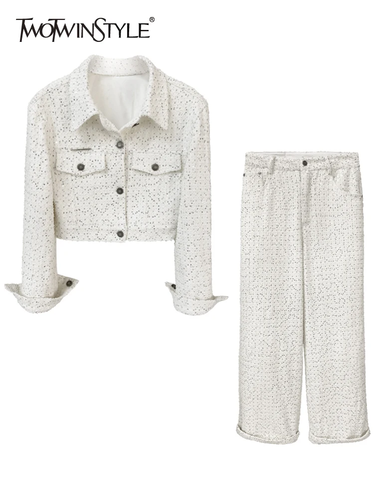 TWOTWINSTYLE Elegant Patchwork Sequins Two Piece Set Womens Lapel Long Sleeve Jackets High Waist Wide Leg Pants Female Sets 2022
TWOTWINSTYLE Elegant Patchwork Sequins Two Piece Set Womens Lapel Long Sleeve Jackets High Waist Wide Leg Pants Female Sets 2022