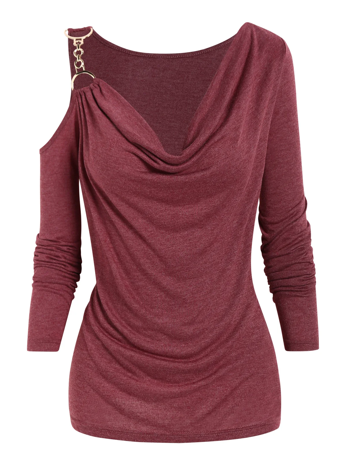 

Deep Red Fashion Women Long Sleeve Tops For Spring Fall Winter Cowl Neck Heather Cut Out Draped Casual Tee