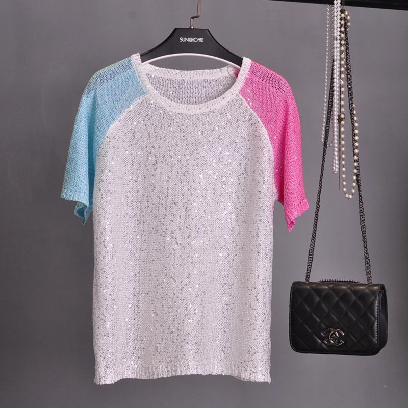 Women's fashion matching round neck sequined loose short-sleeved sweater pullover T - shirt color bright silk thin sweater
Women's fashion matching round neck sequined loose short-sleeved sweater pullover T - shirt color bright silk thin sweater