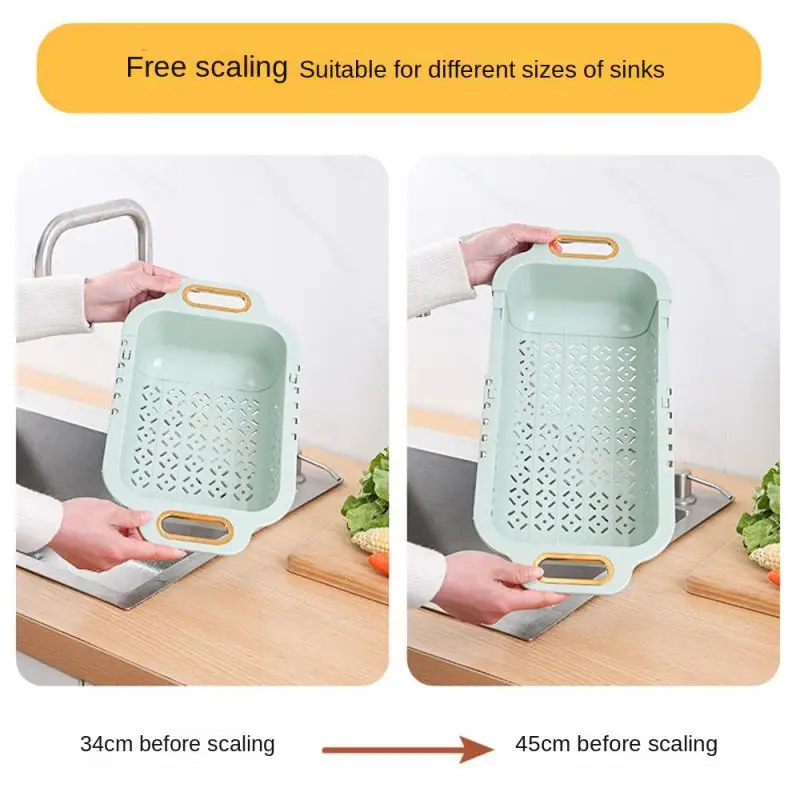 

Fine Drain Hole Design Sink Filter Basket Home Double-layer Design Fruit Plate Freely Retractable Kitchen Wash Basin Baskets