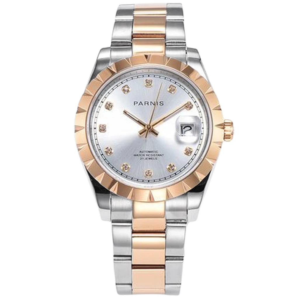 

New Parnis 39mm Rose Gold Case Sapphire Crystal Silver Dial Date Window 21 Jewels Miyota 8215 Movement Automatic Mens Top Watch