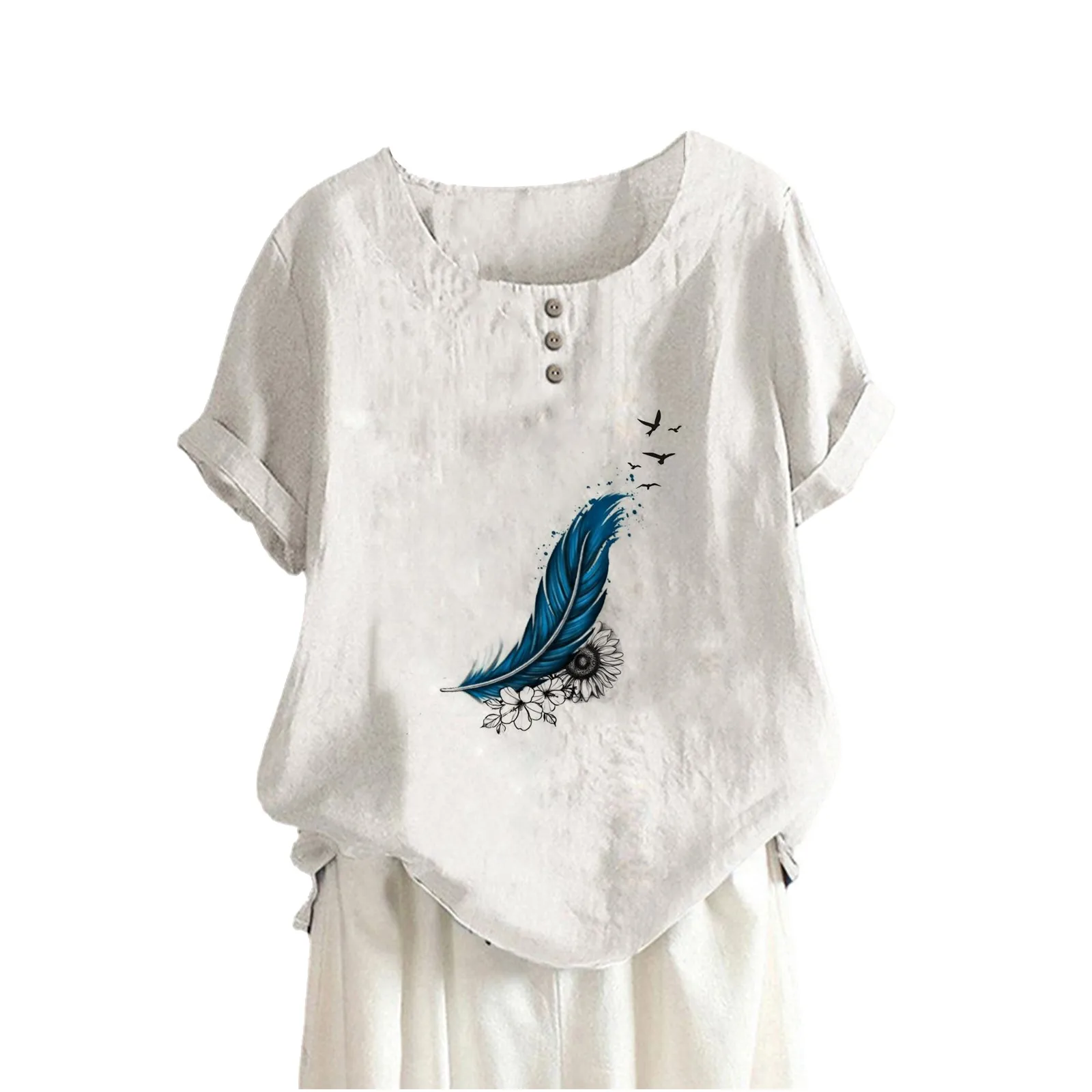 Women Summer Round Neck Button Print Short Sleeve T Shirt Blouse Breathable Tunics
Women Summer Round Neck Button Print Short Sleeve T Shirt Blouse Breathable Tunics