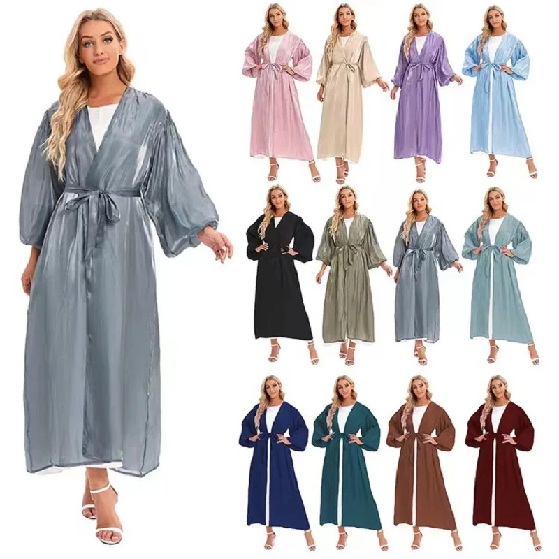 

Women Dresses Formal Dress Eid Abaya Dubai Shiny Soft Cuffs Muslim Dress Silk Kimono Dubai Türkiye Muslim Islamic Abayas Belt