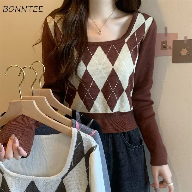 Pullovers Women Argyle Minimalist Knitting All-match Tender Square Collar Autumn Office Wear Female Korean Style Casual Elegant
Pullovers Women Argyle Minimalist Knitting All-match Tender Square Collar Autumn Office Wear Female Korean Style Casual Elegant