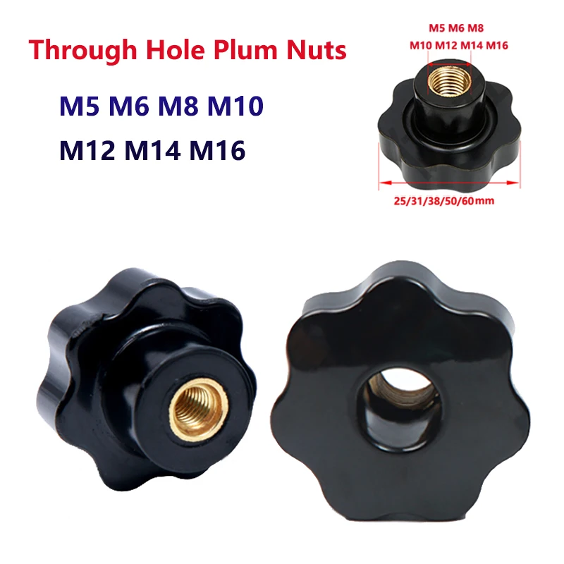 

1pc M5 M6 M8 M10 M12 M14 M16 Through Hole Plum Bakelite Hand Tighten Nuts Handle Black Thumb Nut Clamping Knob Manual Nut