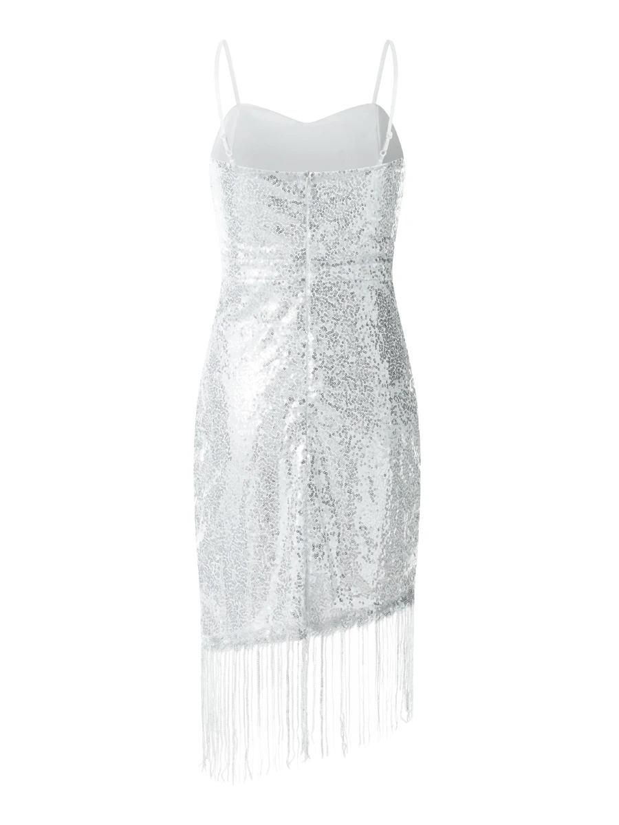 

Mubineo Robe de soirée asymétrique sans manches à paillettes brillantes pour femme avec pompon pour cocktail fête de