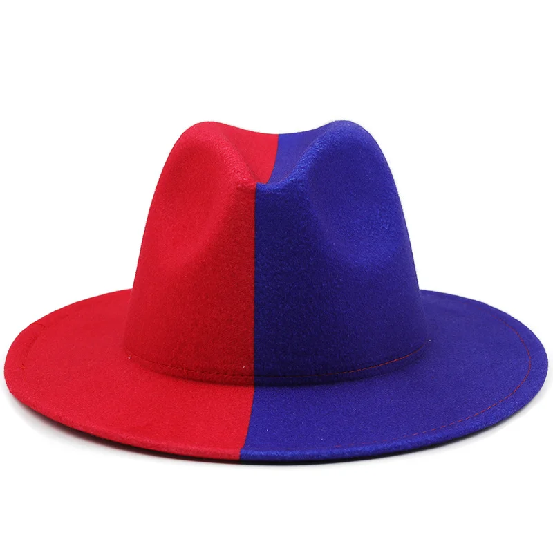 

Red Blue Patchwork Wool Felt Jazz Fedora Hat Women Unisex Wide Brim Panama Party Trilby Cowboy Cap Men Gentleman Wedding Hat