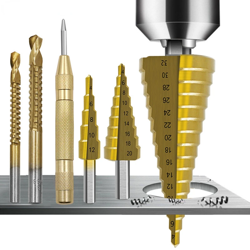

Набор ступенчатых Сверл из быстрорежущей стали и титана, 4-12/20/32 мм, резак для металлических отверстий, конусный инструмент для сверления отверстий по дереву, пильный инструмент, 3/6/8 спиральное сверло