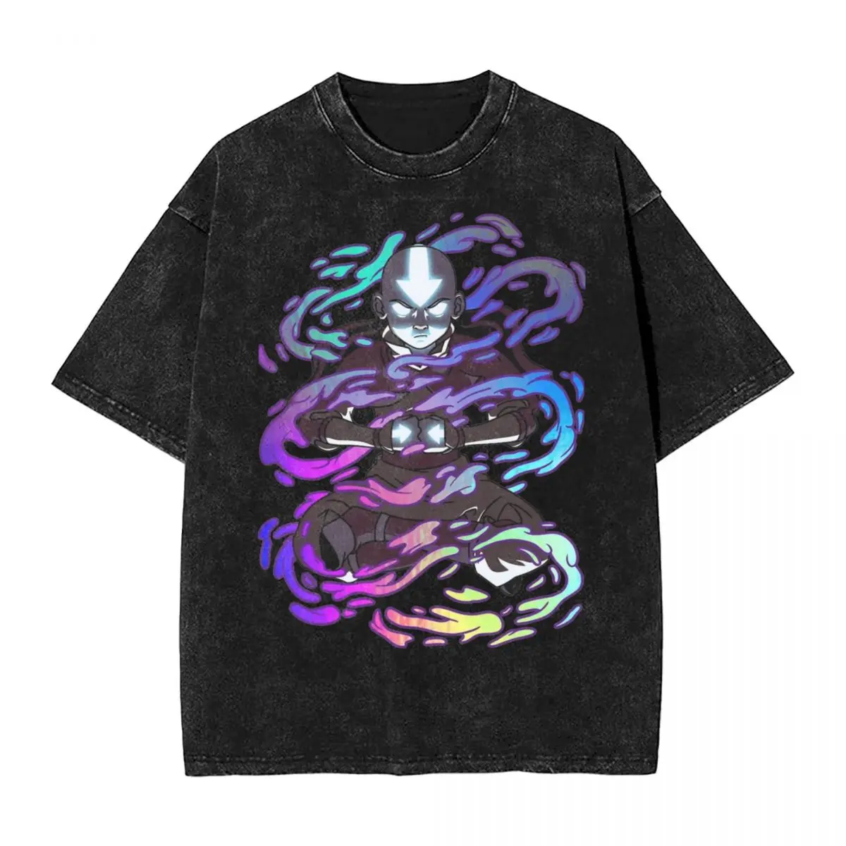 

Avatar-The Last Airbender Aang Elements Rainbow Foil Washed T Shirts Streetwear Hip Hop Retro T-Shirt Tee Shirt Men Women Cotton