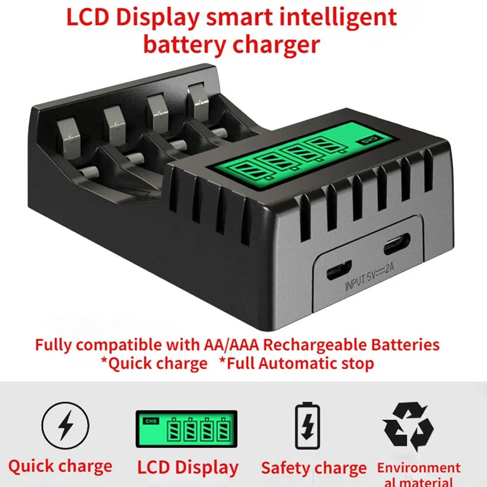 Intelligent Battery Charger With LCD Display 4 Slots Smart Fast Charging For 1.2V AA/AAA Ni-CD Ni-MH Rechargeable Battery
Intelligent Battery Charger With LCD Display 4 Slots Smart Fast Charging For 1.2V AA/AAA Ni-CD Ni-MH Rechargeable Battery