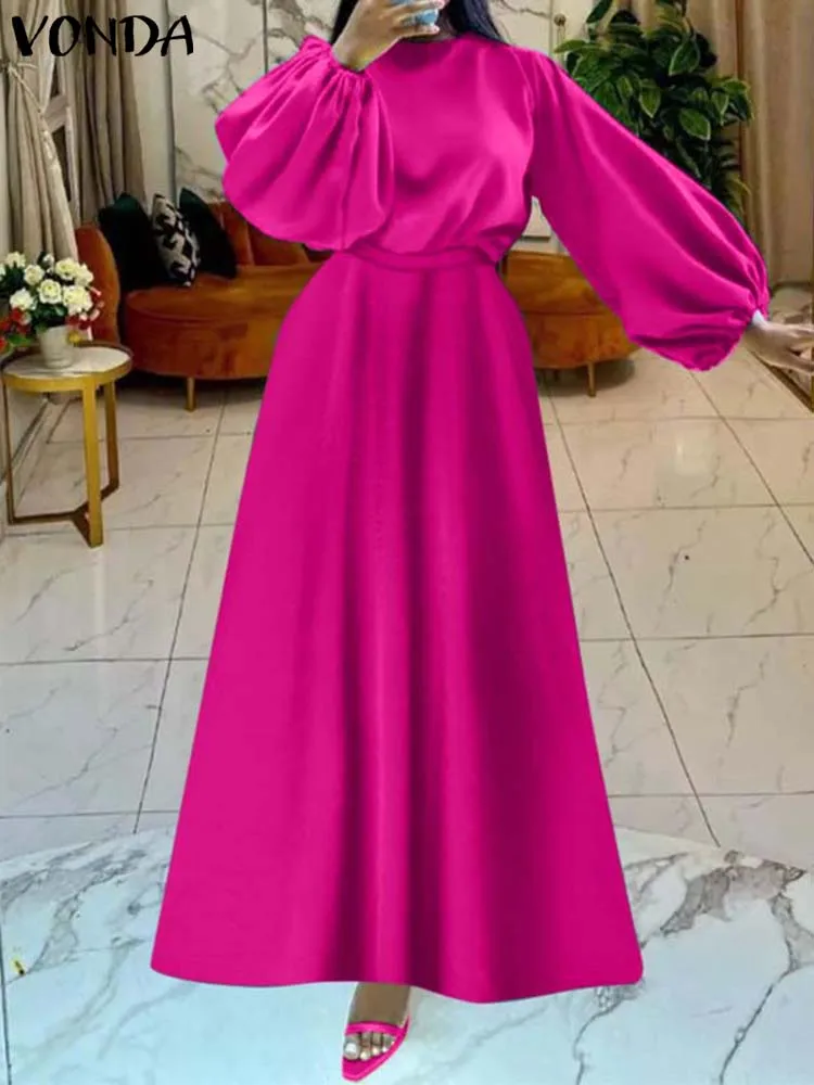 

Платье VONDA женское атласное шелковое, элегантный Однотонный сарафан макси для свадебной вечеринки, повседневный свободный длинный рукав-фонарик, лето 2023