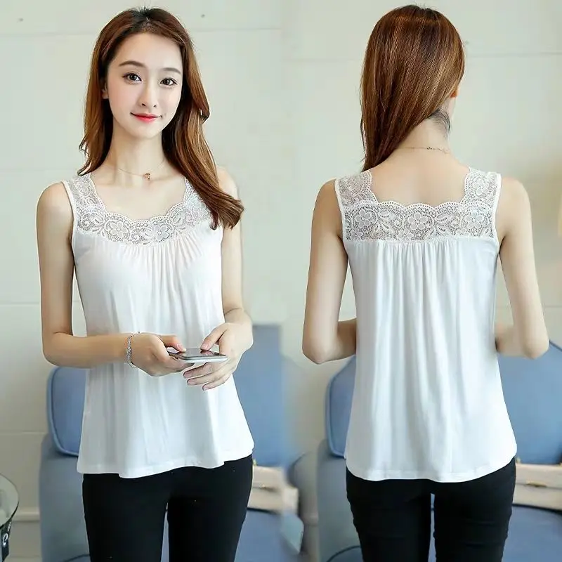 Women 2022 Summer Fashion Loose Lace Sleeveless Vest Tops Female O-neck Bottoming Tank Tops Ladies Casual Camisole Tops T220
Women 2022 Summer Fashion Loose Lace Sleeveless Vest Tops Female O-neck Bottoming Tank Tops Ladies Casual Camisole Tops T220