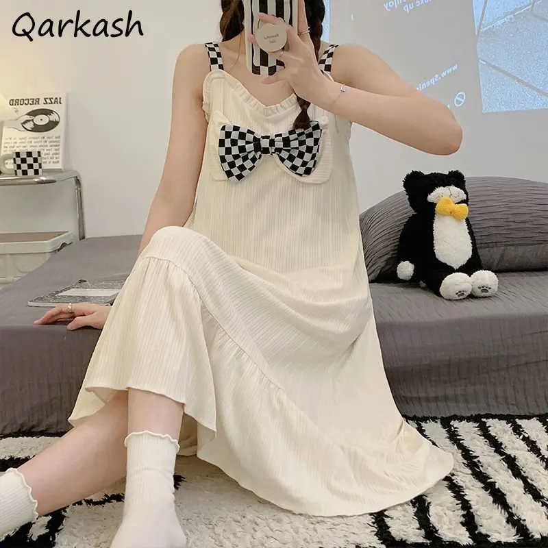 

Nightgowns Women Bow Loose Midi Home Sweet Thin Panelled Tender Students Princess Casual Summer Sleepwear All-match Sleeveless