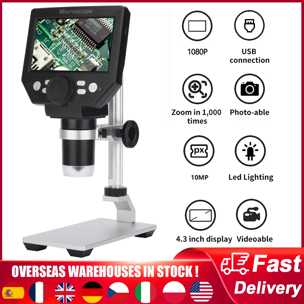 G1000 Digital Microscope 4.3 Inch LCD Display 10MP 1000X Continuous Amplification Magnifier Electronic Microscopio for Soldering
G1000 Digital Microscope 4.3 Inch LCD Display 10MP 1000X Continuous Amplification Magnifier Electronic Microscopio for Soldering