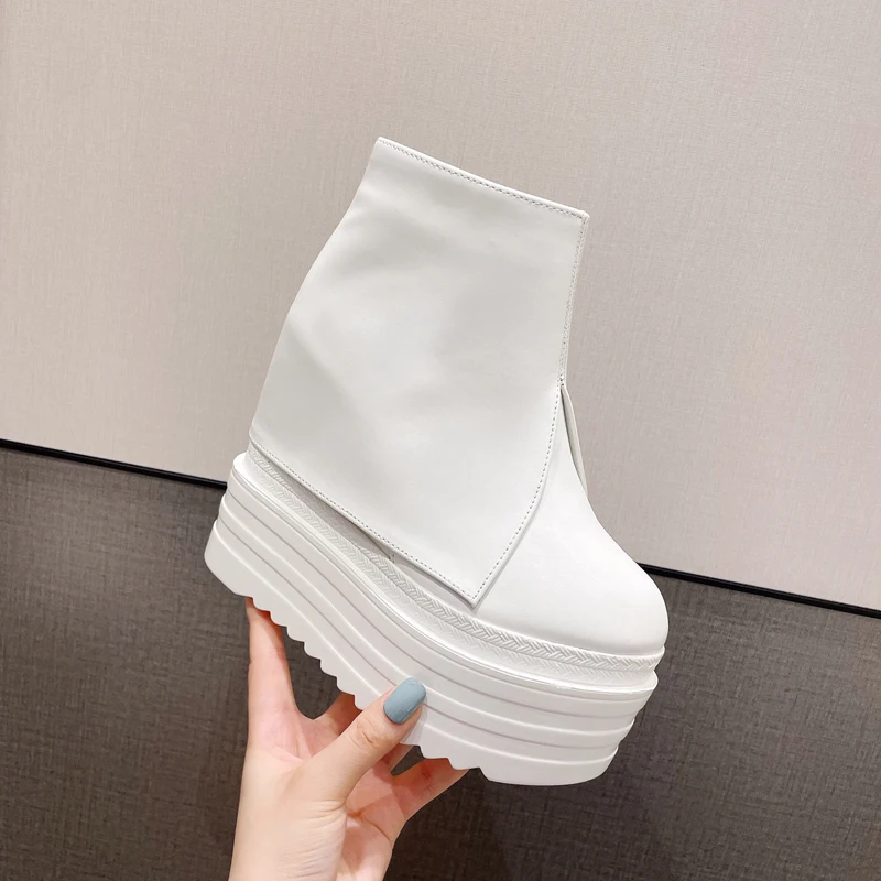 

13cm Wedge Platform Boots White High Heels Ankle Boots Designer Pu Leather Boots Women Autumn Height Increasing Wedges Shoes