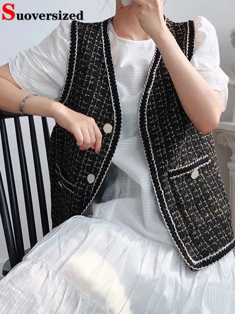 Korean Vintage Tweed Waistcoat Women's Basic V-neck Sleeveless Coats Spring Fall Plaid Casual Classic Veste Sweet Loose Jackets
Korean Vintage Tweed Waistcoat Women's Basic V-neck Sleeveless Coats Spring Fall Plaid Casual Classic Veste Sweet Loose Jackets