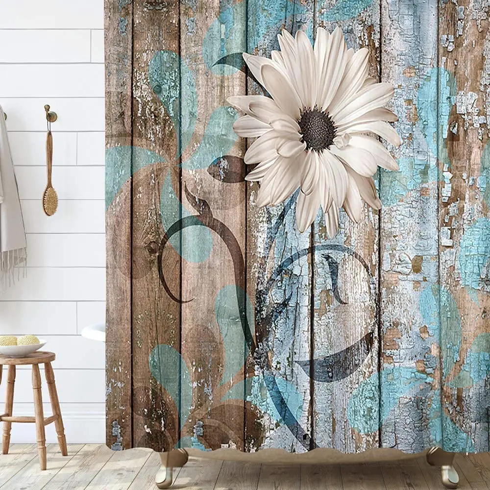 

Rustic Flower Shower Curtain Boho Daisy Chrysan themum on Farmhouse Country Vintage Grunge Wooden Plank Fabric Bathroom Curtains