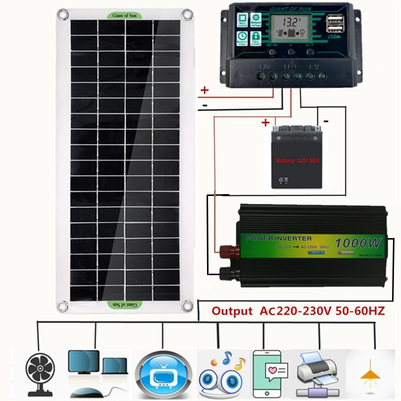 220V Solar Power System 30W Solar Panel Battery Charger 1000W 220W Inverter USB Kit Complete Controller 220V Home Grid Camping
220V Solar Power System 30W Solar Panel Battery Charger 1000W 220W Inverter USB Kit Complete Controller 220V Home Grid Camping