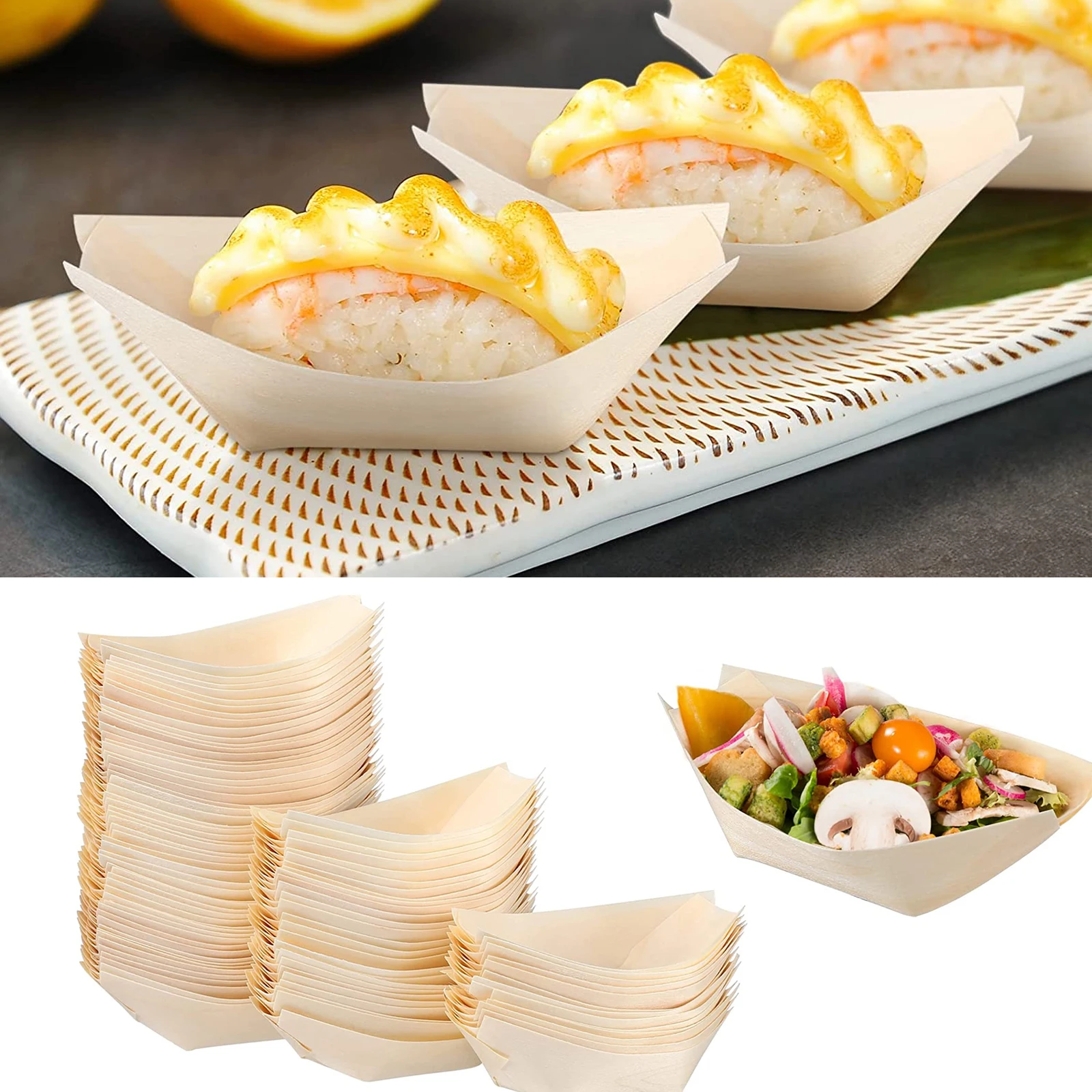 100pcs Wooden Sushi Serving Tray Boat Disposable Japanese Sashimi Plate Snack Dessert Candy Serving Dish for Restaurant Home
100pcs Wooden Sushi Serving Tray Boat Disposable Japanese Sashimi Plate Snack Dessert Candy Serving Dish for Restaurant Home
