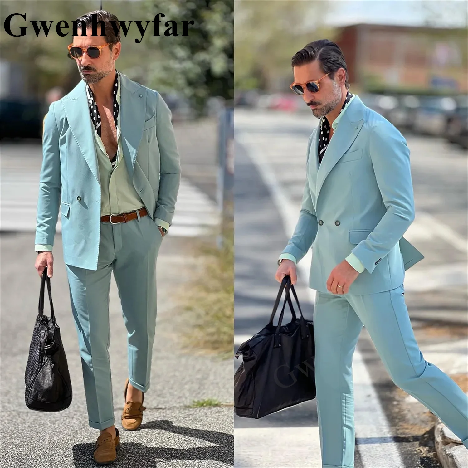 Мужские костюмы Gwenhwyfar небесно-голубого цвета, двубортный жаккардовый Блейзер и брюки с заостренным лацканом, индивидуальный пошив 
Мужские костюмы Gwenhwyfar небесно-голубого цвета, двубортный жаккардовый Блейзер и брюки с заостренным лацканом, индивидуальный пошив