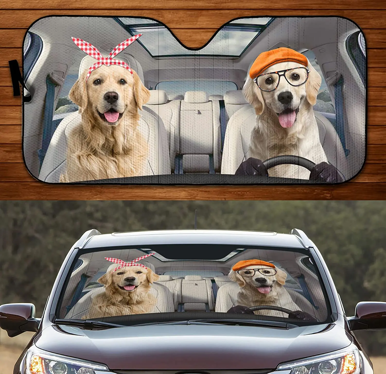 

Funny Golden Retrievers Dog Couple On Summer Car Sunshade, Cute Golden Retriever Driving Auto Sunshade for Dog , Car Windshield