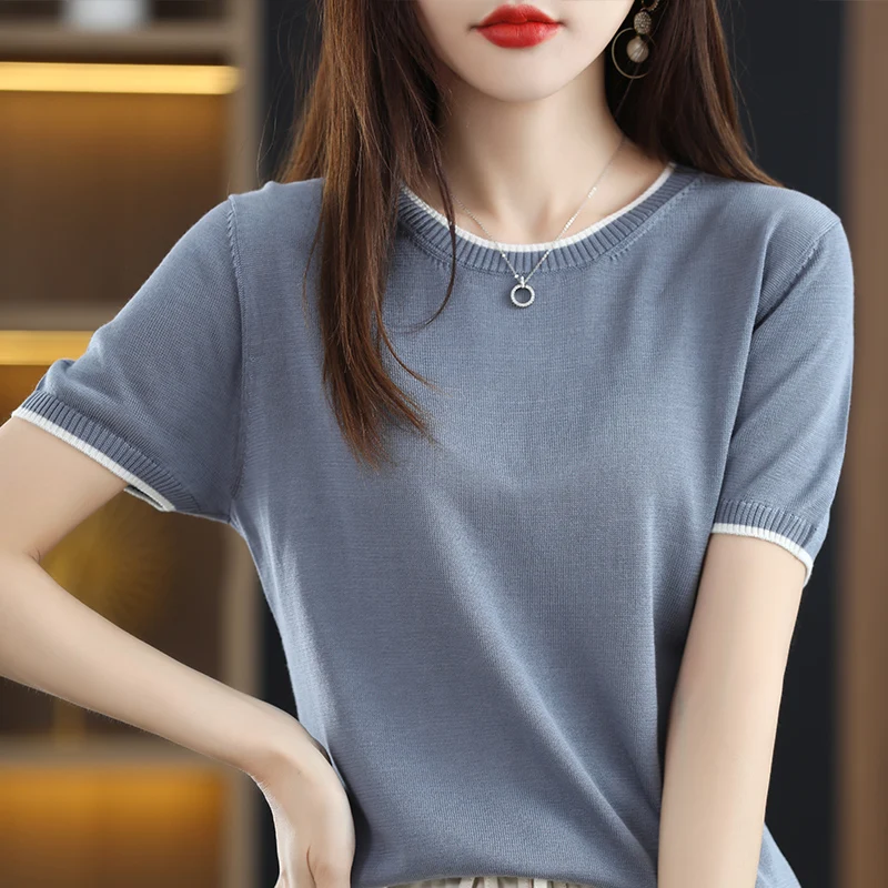 2022 Summer Women's Sweater Short-Sleeved Pure Tencel Knitted Thin Section Color Matching Loose Round Neck T-Shirt Top Trendy
2022 Summer Women's Sweater Short-Sleeved Pure Tencel Knitted Thin Section Color Matching Loose Round Neck T-Shirt Top Trendy