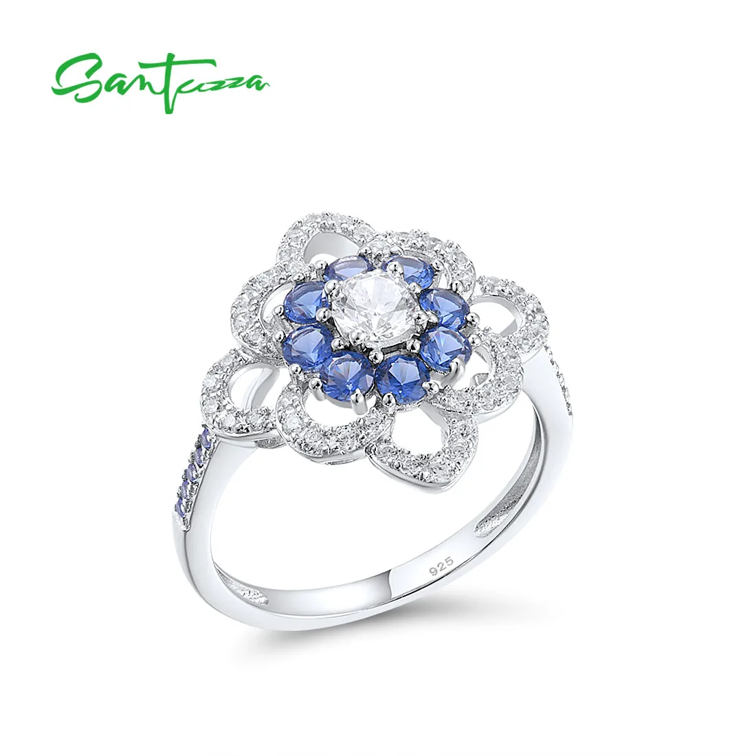 

SANTUZZA Silver Rings For Women Pure 925 Sterling Silver Sparkling Blue Nano White Cubic Zirconia Flower Delicate Fine Jewelry