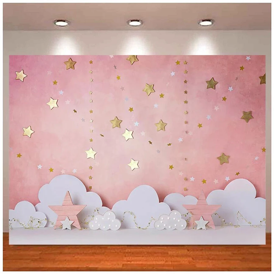 

Photography Backdrop Pink Blinker Glitter Little Star Clouds Girl 1st Birthday Cake Smash Decor Photo Background Banner Studio