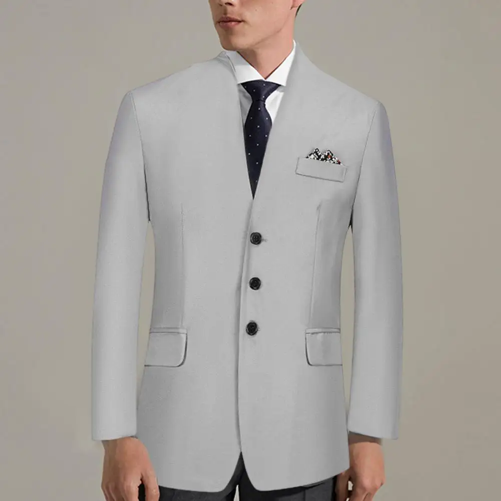 

Мужской однотонный блейзер с воротником-стойкой, однобортный приталенный пиджак с длинными рукавами и карманами для офиса и свадьбы, 2022
