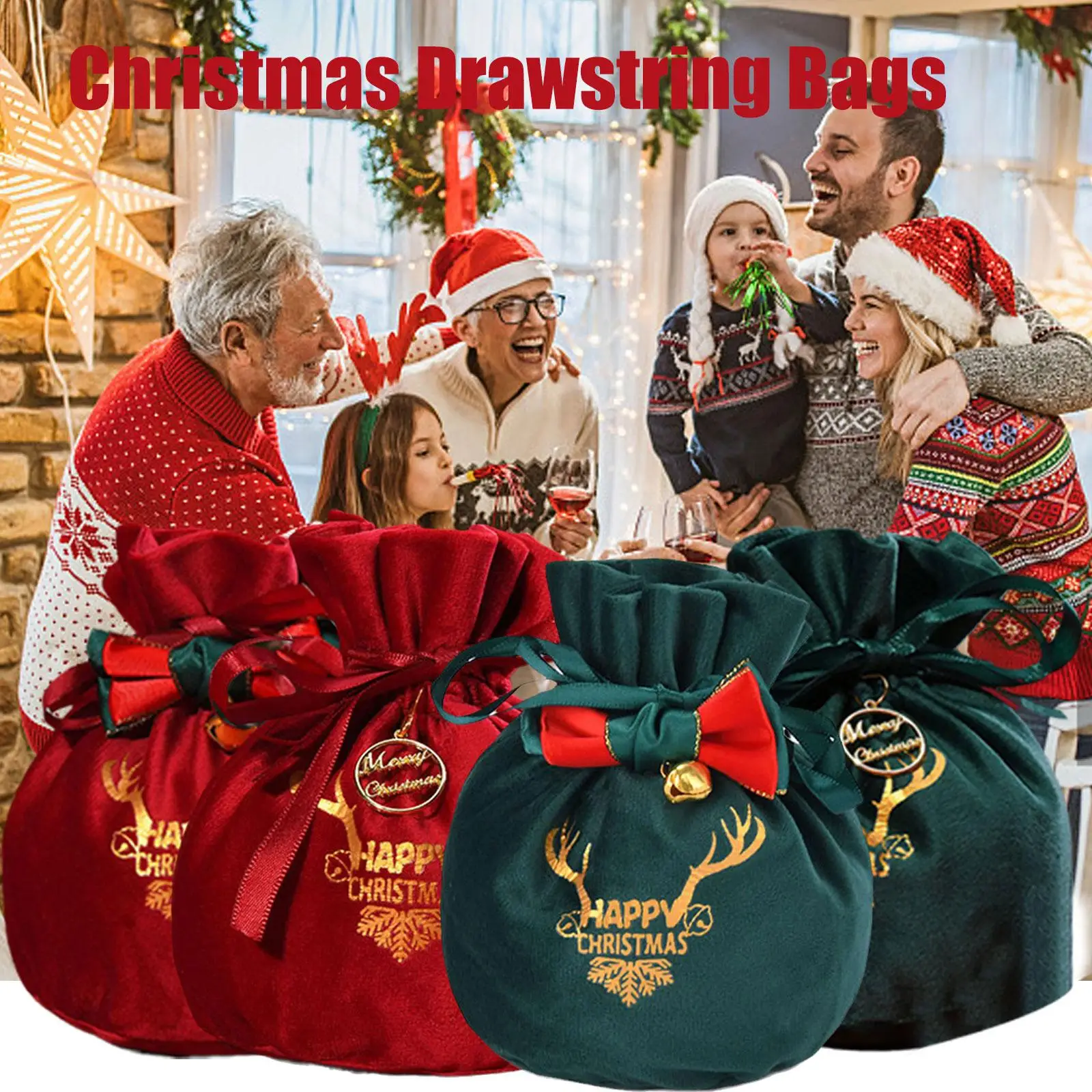 

Christmas Gift Bags Velvet Drawstring Presents Elk Antlers Reindeer Packing Bags for Xmas Party Favor Wrapping Decor O8A1