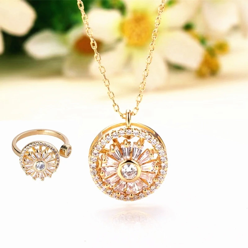 Rotated Flower Pendant Necklace Ring Set for Women Stainless Steel Crystal Chain
Rotated Flower Pendant Necklace Ring Set for Women Stainless Steel Crystal Chain