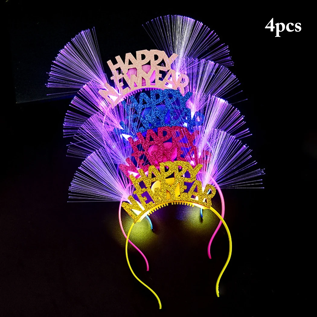 

4Pcs Optical LED Fiber Optic Ear Hair Hoop Happy New Year Party Glowing Applique Flashing Light Headband Christmas Supplies