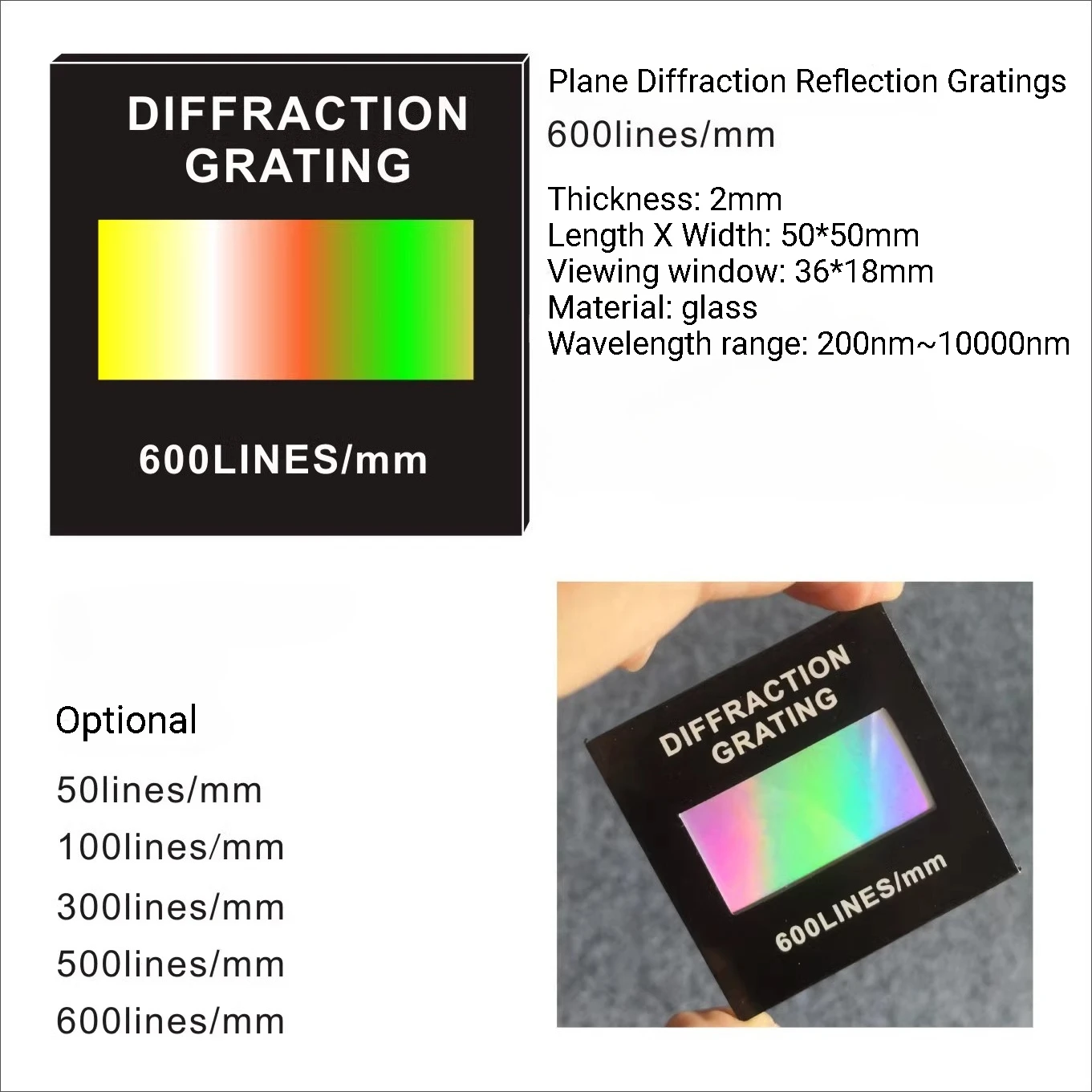 50x50x2 мм стеклянная голографическая решетка для дифракции трансмиссии, спектральное разложение университета, длина волны 200-10000 нм
50x50x2 мм стеклянная голографическая решетка для дифракции трансмиссии, спектральное разложение университета, длина волны 200-10000 нм