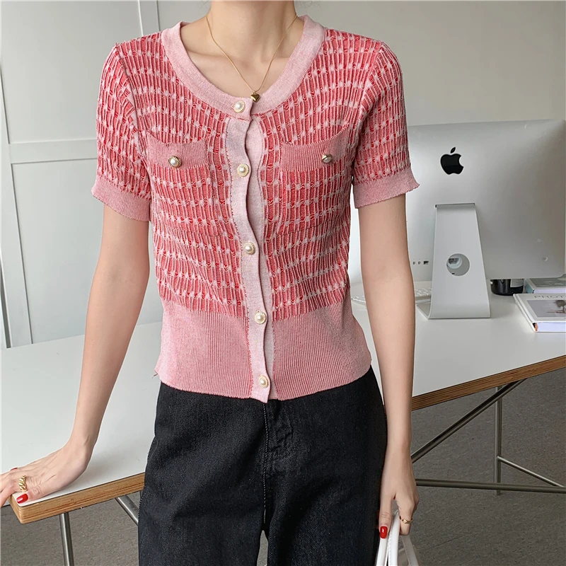 Summer Thin Ice Silk Small Fragrance Newly Women Cardigans Fashion Slim Ladies Knitted Sweater Short Sleeve Buttons Sweater 
Summer Thin Ice Silk Small Fragrance Newly Women Cardigans Fashion Slim Ladies Knitted Sweater Short Sleeve Buttons Sweater