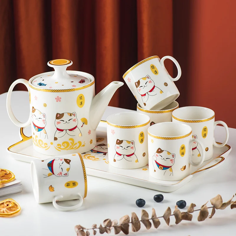 

Японский керамический кофейный чайный набор Lucky Cat, креативные Мультяшные наборы воды с котом, чайник, чашка для кофе, украшение для дома и бара, посуда для напитков