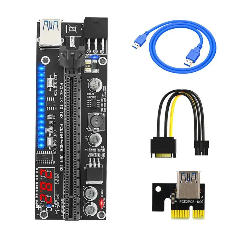 

0,6 м VER15X PCI-E 1X до 16X Райзер-карта PCIe удлинитель 6 Pin к SATA Питание USB 3,0 кабель для видеокарты для майнинга графического процессора