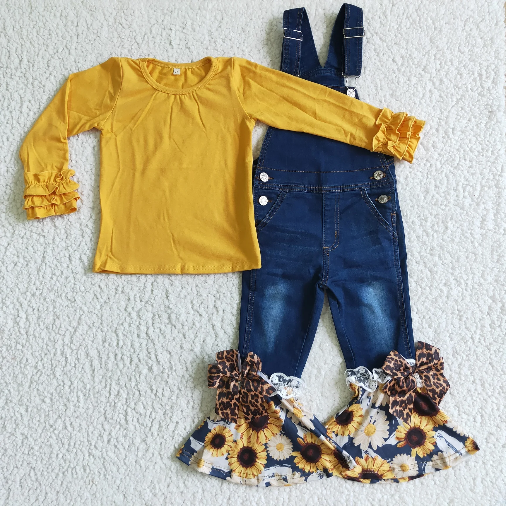 Hot Sale Wholesale Baby Ruffle Solid Top Blue Jeans Girls Boutique Sunflower Clothing Outfits Kids Denim Overall Sets
Hot Sale Wholesale Baby Ruffle Solid Top Blue Jeans Girls Boutique Sunflower Clothing Outfits Kids Denim Overall Sets