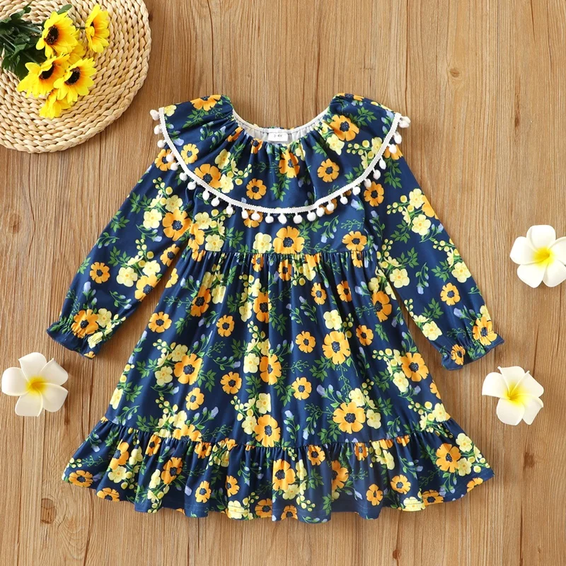 

Hot Selling Spring Fall Kids Dresses for Girls Flower Print Turndown Collar Long Flare Sleeve Girls Dress Cute Kids Clothes 1-6Y