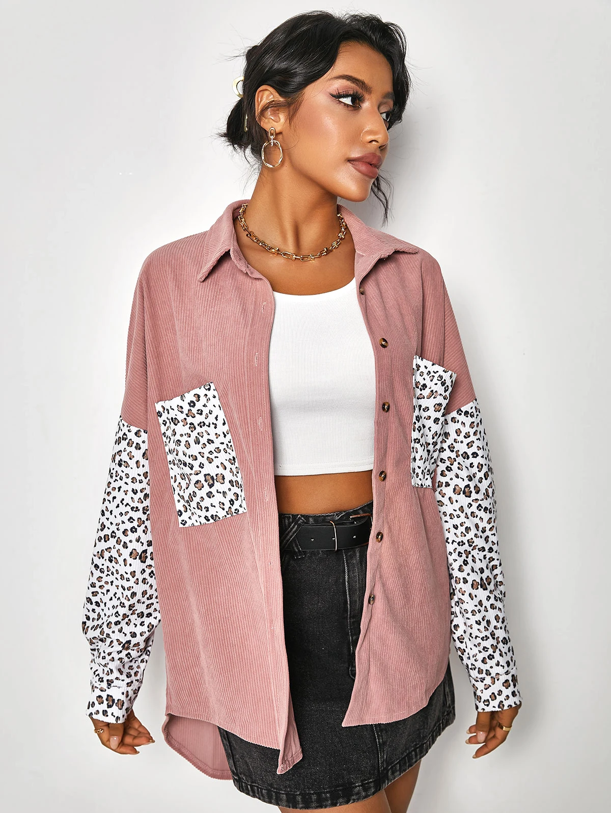 

ZAFUL Leopard Insert Drop Shoulder Pocket High Low Shacket Women Button Up Oversize Shirt Jacket Fashion Outwear Clothing