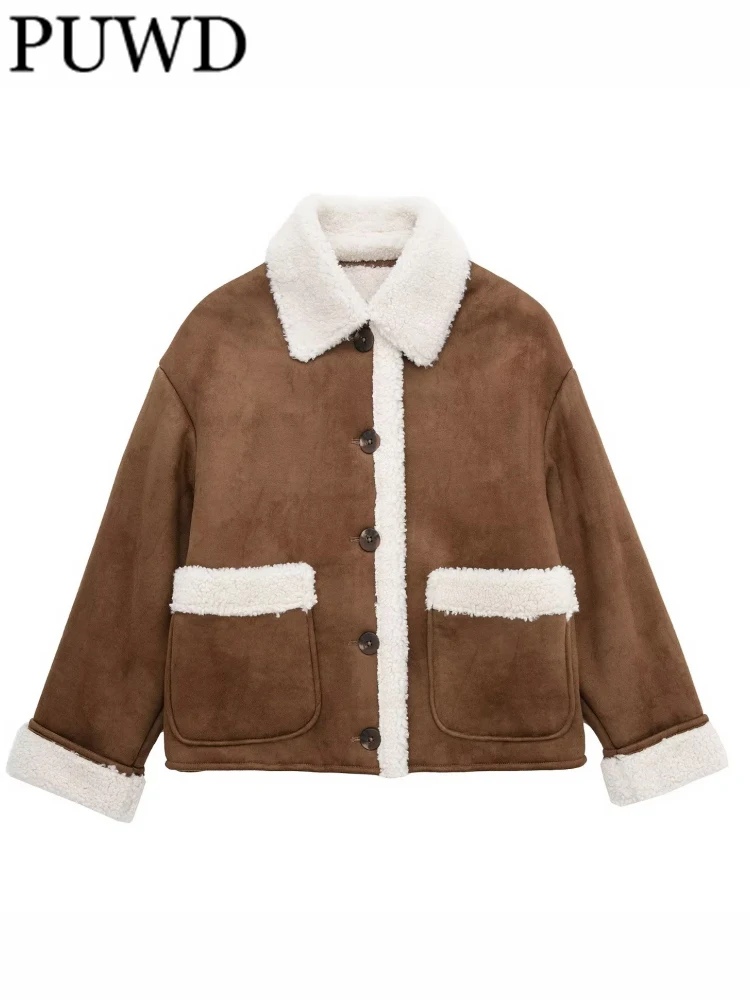 PUWD Women Faux Fur Brown Reversible Jacket Vintage Long Sleeve Patch Pockets Coat 2022 Fall/Winter Female Thick Outerwear
PUWD Women Faux Fur Brown Reversible Jacket Vintage Long Sleeve Patch Pockets Coat 2022 Fall/Winter Female Thick Outerwear