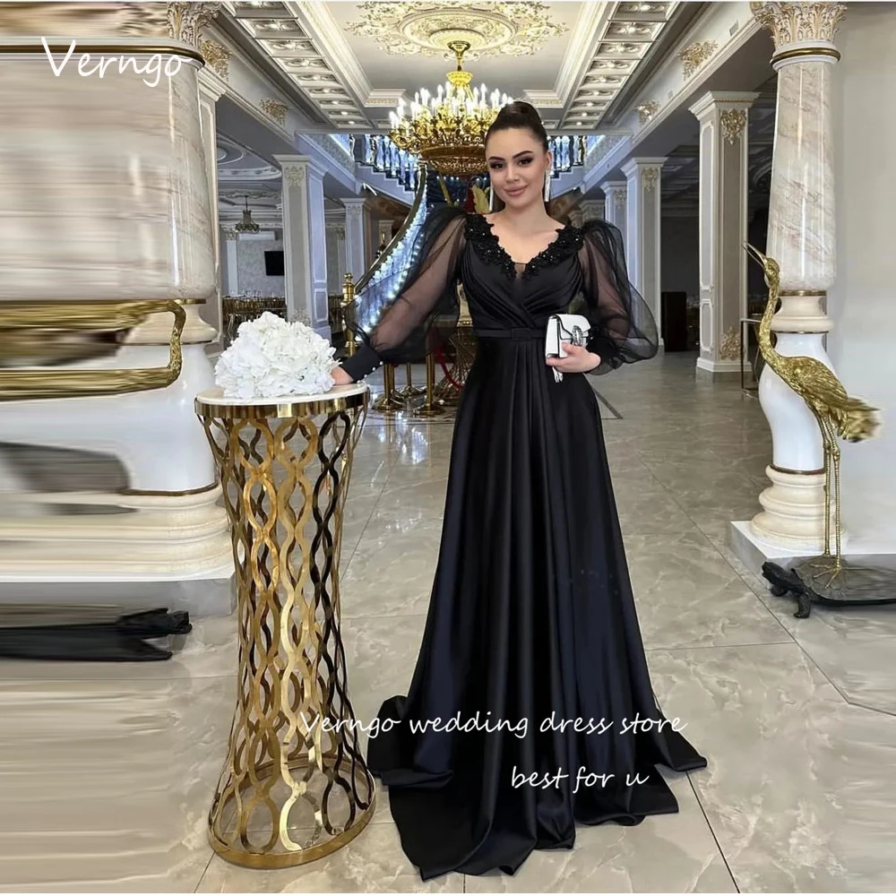 

Verngo Modest Black A Line Evening Dresses Long Sleeves V Neck Arabic Dubai Women Prom Gowns Formal Occasion Party Dress 2023